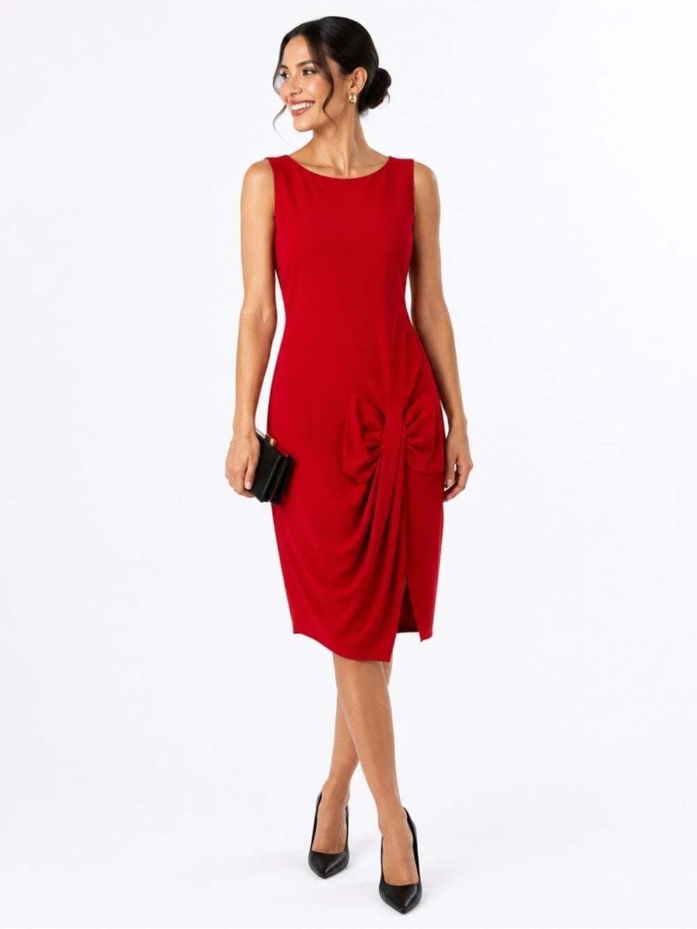 Katherine Barclay Womens Red Cocktail Dress Size Medium Knit Knee Length Bow